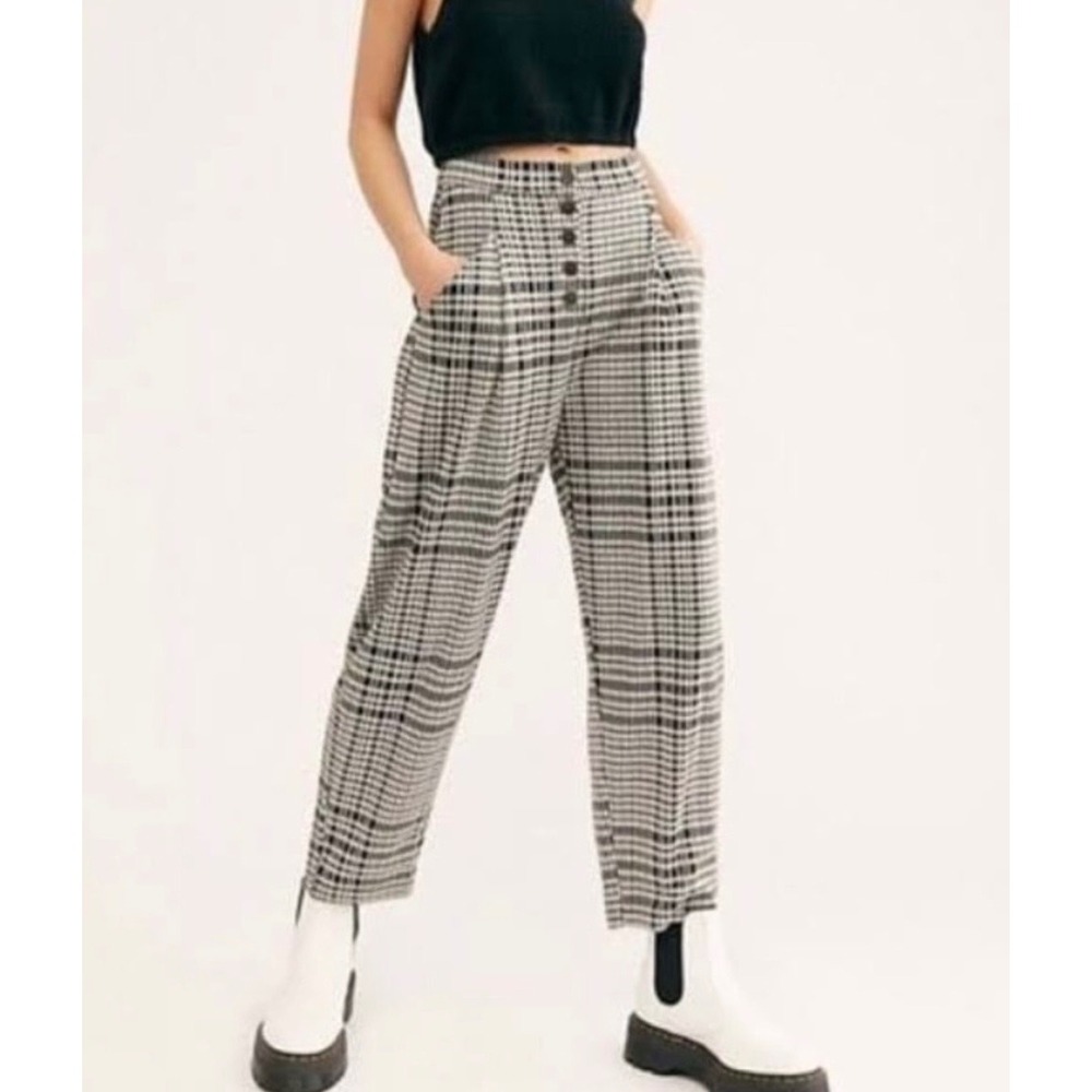 Free People Posey Plaid High Waisted Button Fly Tapered Pants Black White Size M
